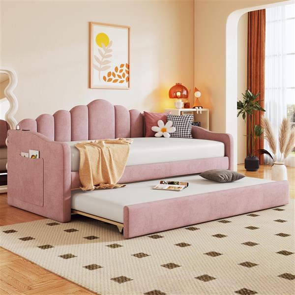 Twin size Upholstered Daybed with Trundle ,Velvet Sofabed with USB Charging Ports,No Box-spring Needed,Pink