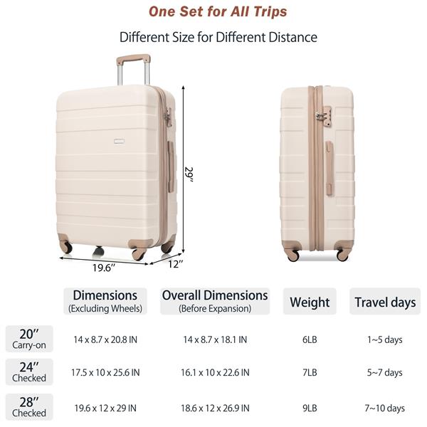 Luggage Sets New Model Expandable ABS Hardshell 3pcs Clearance Luggage Hardside Lightweight Durable Suitcase sets Spinner Wheels Suitcase with TSA Lock 20''24''28''( Ivory and lden)