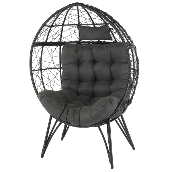 Wicker Egg Chair, Oversized Indoor Outdoor Lounger with Soft Cushions, Teardrop Cuddle Seat for Patio Porch Backyard Living Room Balcony, Black Rattan & Grey Cushion