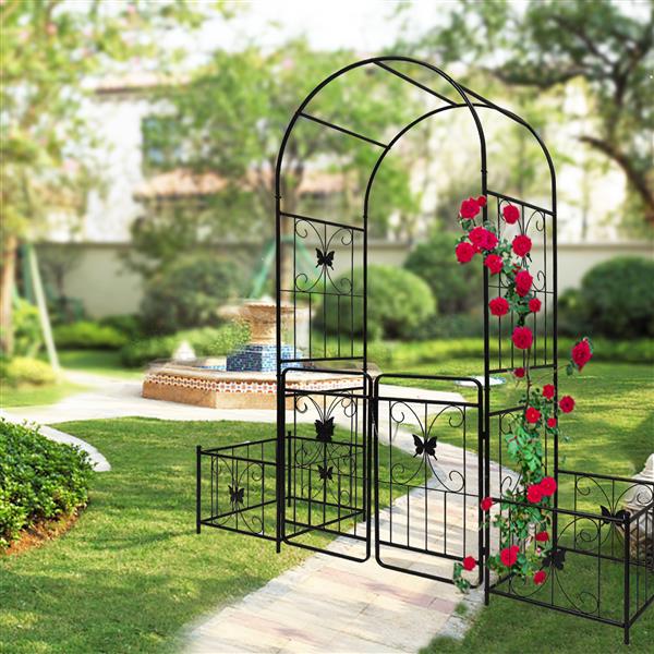 Metal Garden Arch with Gate 79.5'' Wide x 86.6'' High Climbing Plants Support Rose Arch Outdoor Black