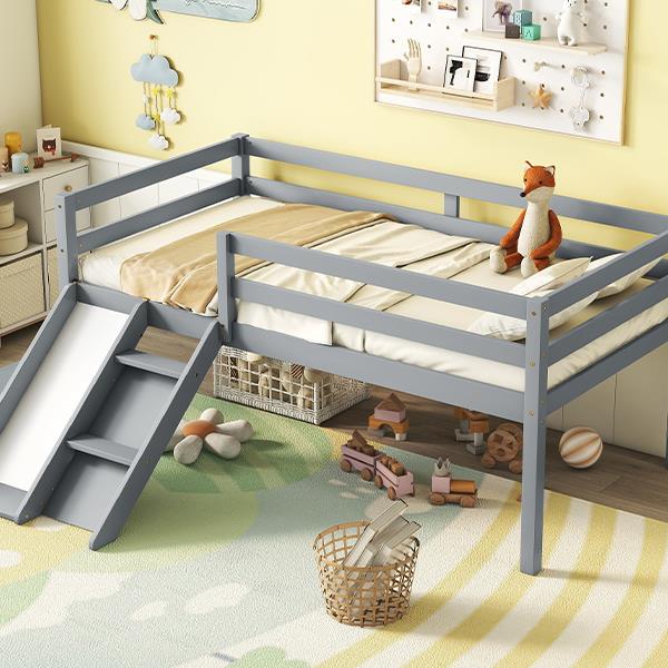 Twin Low Loft Bed with Slide,  Ladder, Safety Guardrails, No Box Spring Needed,Grey