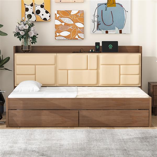 Twin Size Wood Daybed with Upholstered Storage Shelves, USB Ports and 2 Drawers, Wood Color