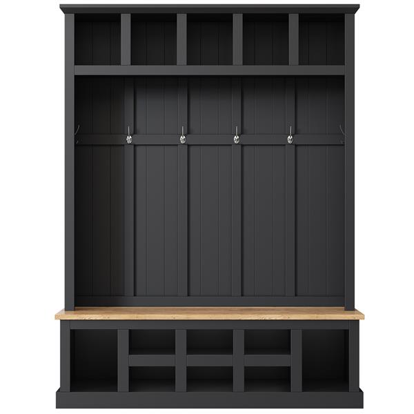 Farmhouse Wooden Style 78''H Modern Hall Tree with Wide Storage Seating Bench, Entryway Shoe Cabinet with 13 Compartments, Elegant Coat Rack with 6 Hooks for Mudroom, Living room, Black