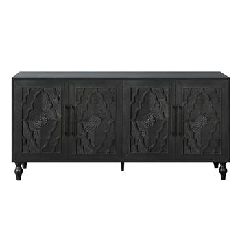 Carved Flower Door Large Storage Cabinet With Metal Handle Suitable For Living Room, Kitchen, Entryway(BLACK)