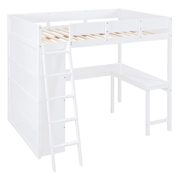 Full Size Loft Bed with Desk and Shelf - White