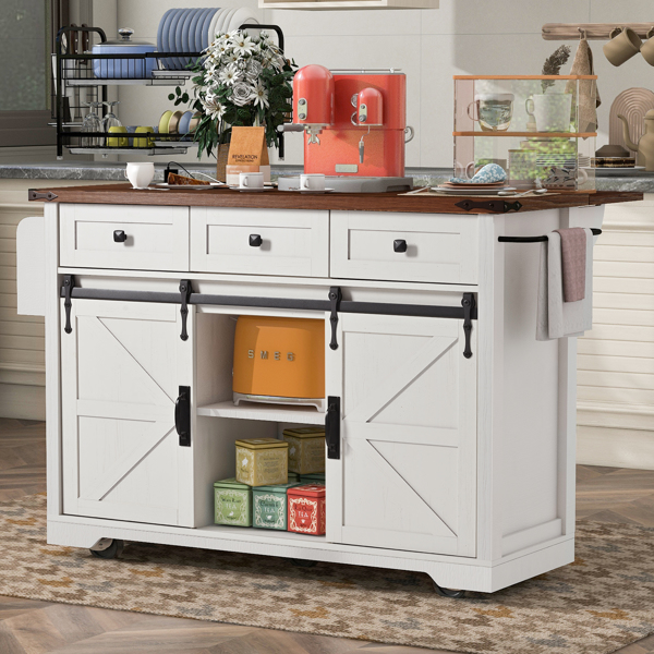  53.7" Farmhouse Kitchen Island with Power Outlet, 2 Sliding Barn Door Kitchen Storage Island with Drop Leaf, Spice Rack Rolling Kitchen Cart on Wheels, for Home, Kitchen and Dining Room, White