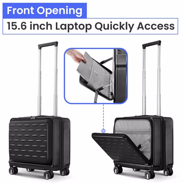 18" Carry On Luggage with Front Open Door &Laptop Interlayer, Hard Shell Suitcase Built-In TSA Luggage Lock, Hardside Lightweight PC Travel Suitcase for Women Men with Spinner Wheels,Black