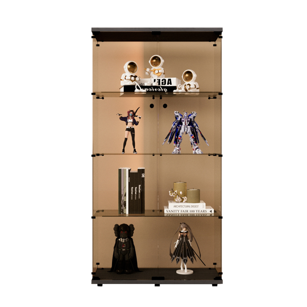 Two-door Tawny Glass Display Cabinet 4 Shelves with Door, Floor Standing Curio Bookshelf for Living Room Bedroom Office, 64.7"*31.7"*14.3",Black 