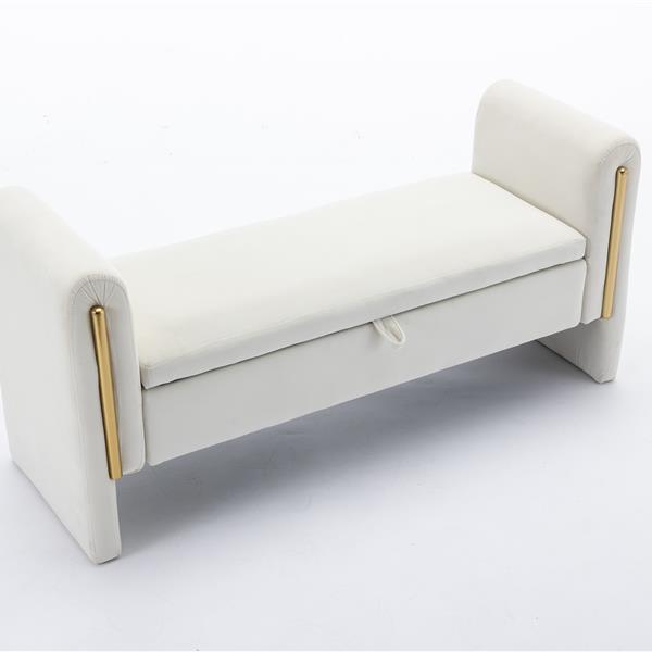 032-Velvet Fabric Storage Bench Bedroom Bench With Gold Metal Trim Strip For Living Room Bedroom Indoor,Ivory