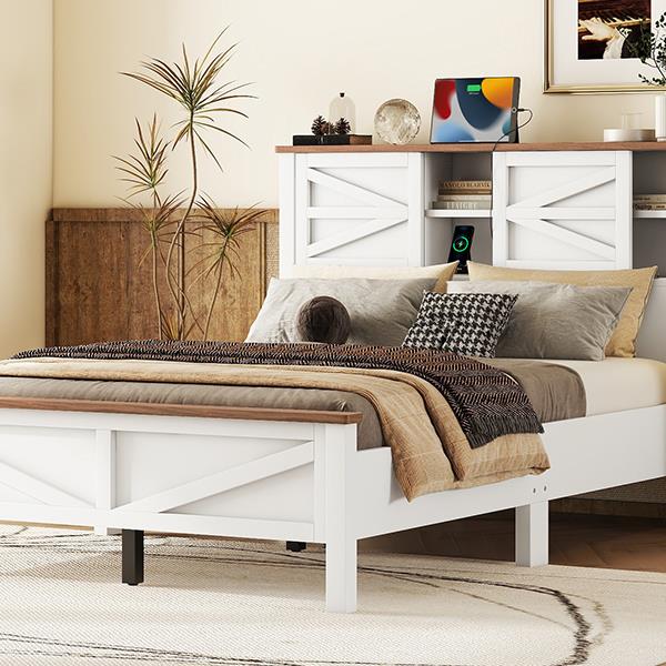 Farmhouse Platform Bed with Double Sliding Barn Door, Full Size Rustic Wood Bed with
Charging Station, Wood Slats Support, White+Brown