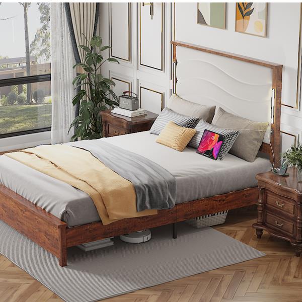 King Size Bed Frame with Upholstered Headboard, King Bed Frame with Charging Station and LED Lights, Wood Slats, Dark Gray Linen,  No Box Spring Needed, Easy Assembly