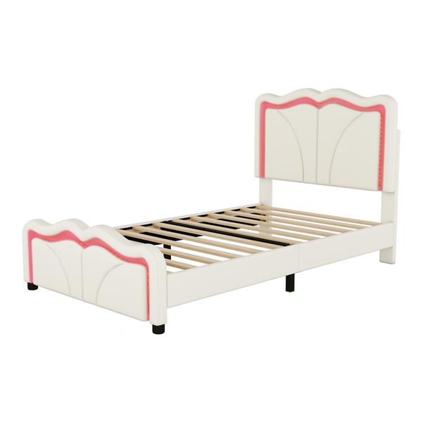 Twin Size Upholstered Platform Bed with Curve Shaped and Height-adjustbale Headboard,LED Light Strips,White