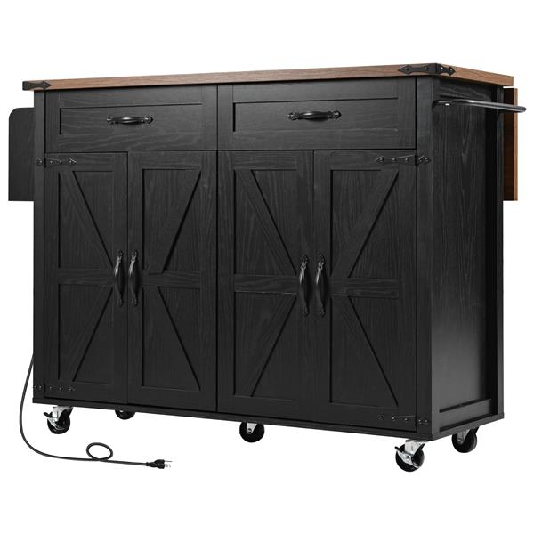 53.5''Farmhouse Kitchen Island with Power Outlet, Kitchen Storage Island with Drop Leaf, Spice Rack and Drawer, Rolling Kitchen Cart on Wheels, for Home, Kitchen and Dining Room, Black