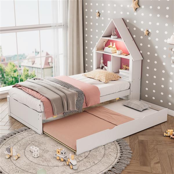 Twin Size House-Shaped Bed with Bookcase Headboard and Led Light and Twin Size Trundle for Kids Boys Girls, Pink+ White