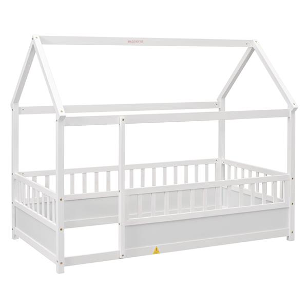 Twin Size Floor Wooden Bed with House Roof Frame, Fence Guardrails,White