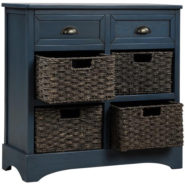 Rustic Storage Cabinet with Two Drawers and Four  Classic Rattan Basket for Dining Room/Entryway/Living Room (Antique Navy)