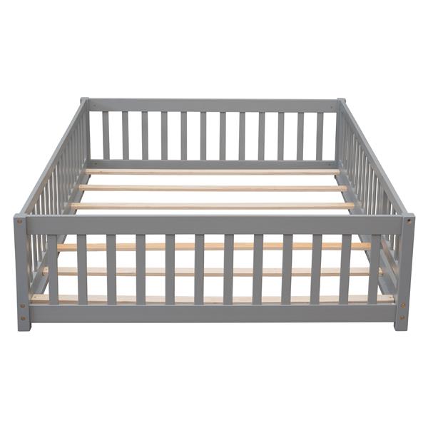 Full size Floor Platform Bed with Fence and Door,Grey