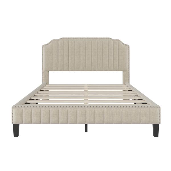 Modern Linen Curved Upholstered Platform Bed , Solid Wood Frame , Nailhead Trim, Beige (Queen)