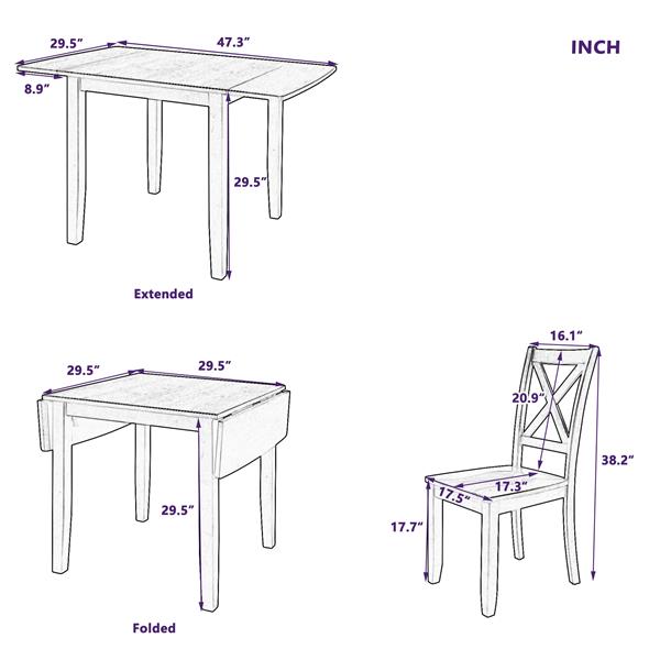 3-Piece Wood Drop Leaf Breakfast Nook Dining Table Set with 2 X-back Chairs for Small Places, Brown