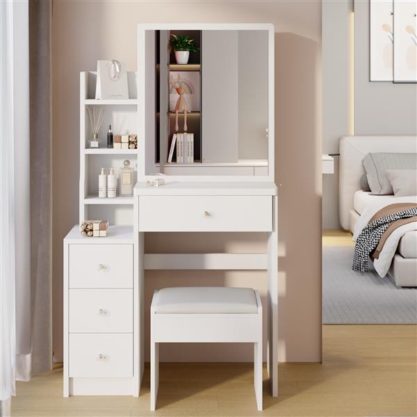 Small Space Left Bedside Cabinet Vanity Table + Cushioned Stool, Extra Large Right sliding mirror, Multi Layer High Capacity Storage, Practical Fashionable Dresser, Suitable for Girls Up to 5.6ft Tall