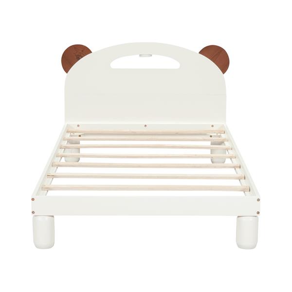 Twin Size Platform Bed with Bear Ears Shaped Headboard and LED, Cream White