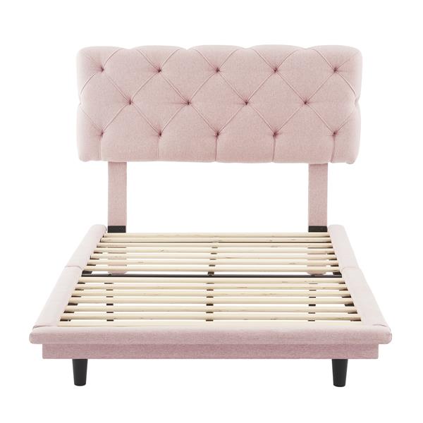 Twin Size Upholstered Bed with Light Stripe, Floating Platform Bed, Linen Fabric,Pink