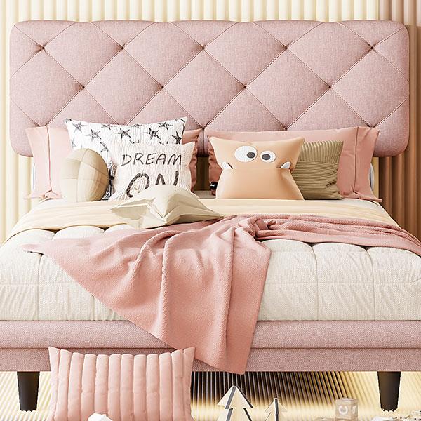 Twin Size Upholstered Bed with Light Stripe, Floating Platform Bed, Linen Fabric,Pink