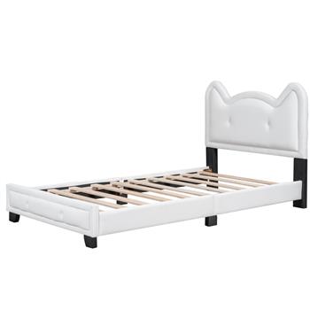 Twin Size Upholstered Platform Bed with Carton Ears Shaped Headboard, White