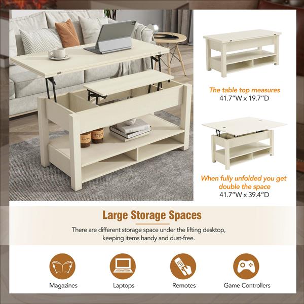 [VIDEO provided] Lift Top Coffee Table, Multi-Functional Coffee Table with Open Shelves, Modern Lift Tabletop Dining Table for Living Room, Home Office, Rustic Ivory