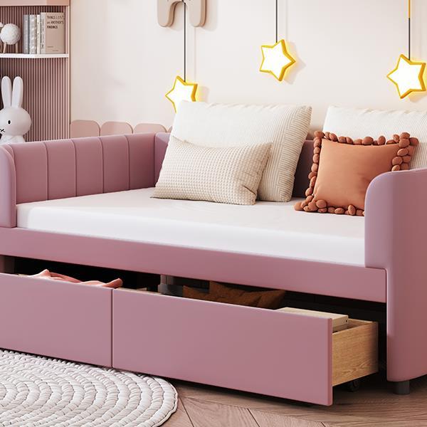 Twin Size Upholstered Daybed with Ergonomic Design Backrest and 2 Drawers, Pink