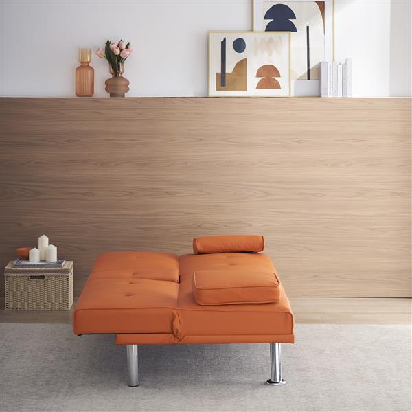 67" Orange Leather Multifunctional Double Folding Sofa Bed for Office with Coffee Table