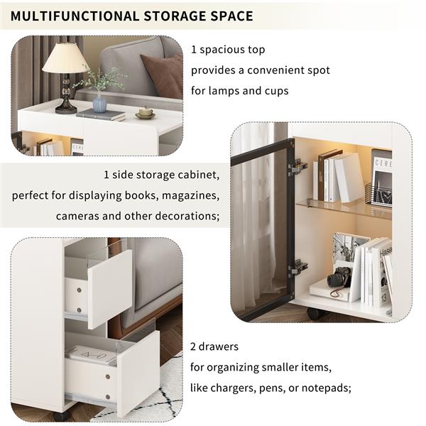 Modern End Table with LED light and Wheels, Side Table with Transparent Brown Glass Door, 2 Storage Shelves and Drawers for Living Room, White