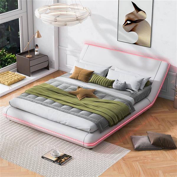 Full Size Upholstery Platform Bed Frame with Sloped Headboard, White