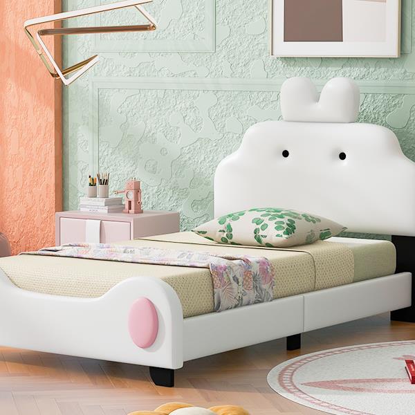 Twin Size Upholstered Platform Bed with Cartoon Headboard and Footboard, White+Pink