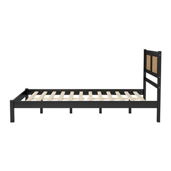 Queen Size Wooden Platform Bed with Natural Rattan Headboard, Exquisite Elegance with Minimalist Charm for Bedroom, Black