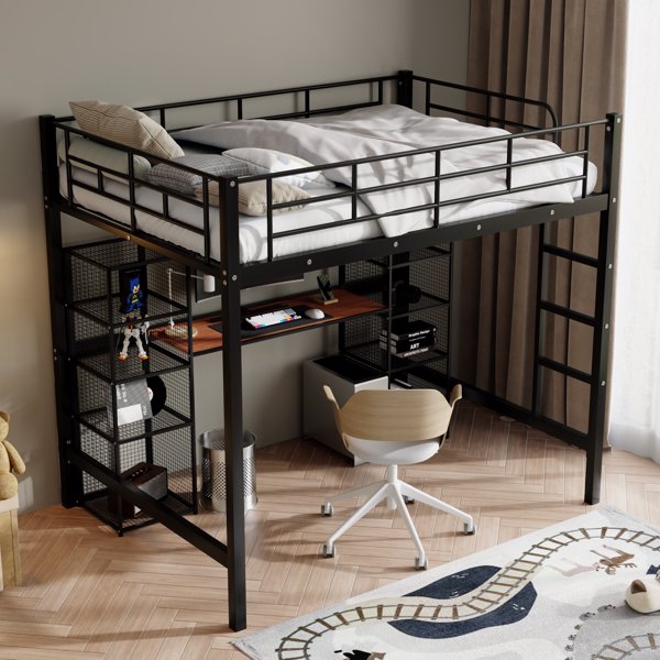 Full Size Metal Loft Bed with Built-in Desk and Shelves, Black+Brown