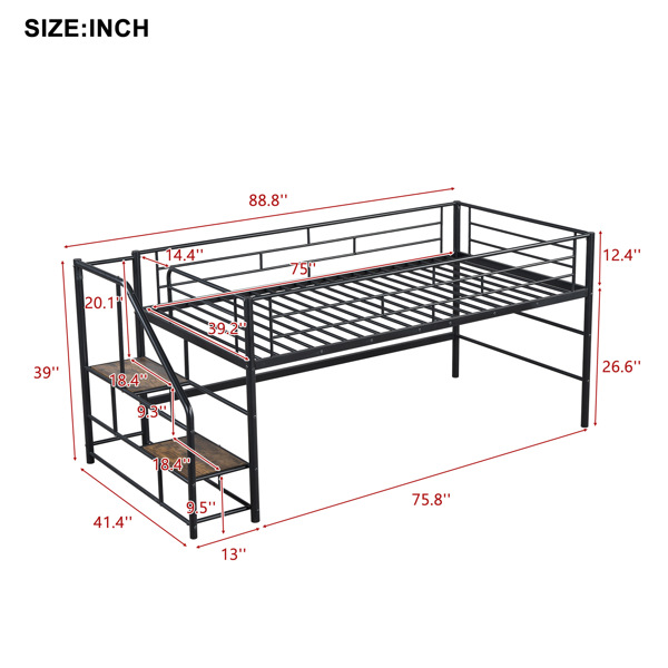 Mid Loft Bed with Storage stairs, Twin, Black