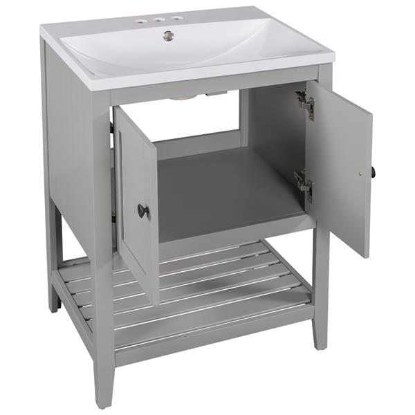 [VIDEO] 24" Grey Modern Sleek Bathroom Vanity Elegant Ceramic Sink with Solid Wood Frame Open Style Shelf