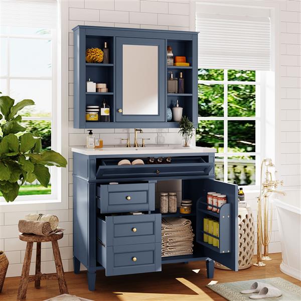 36'' Bathroom Vanity with  Medicine Cabinet, Royal Blue Mirror Cabinet, Modern Bathroom Storage Cabinet with 2 Soft Closing Doors and 4 Drawers, Single Sink Bathroom Vanity