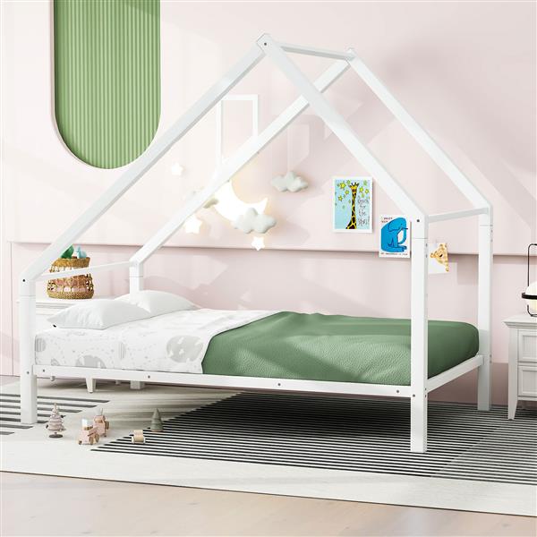 Twin Size Metal House Platform Bed with Roof and Chimney, White