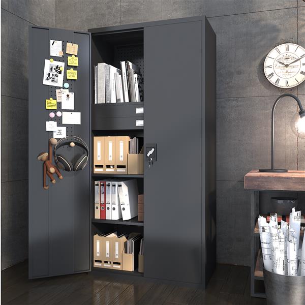 Metal Storage Cabinet with Doors & Adjustable Shelves, 72 Inch Black Lockable Garage Cabinet with Wheels & Drawers & Pegboard