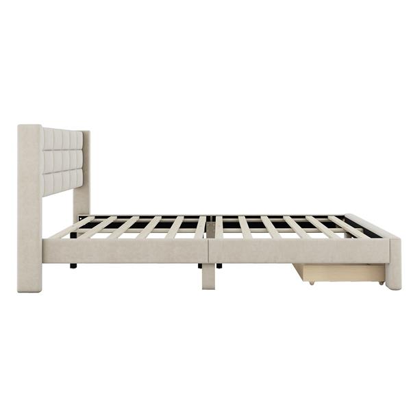 Queen Size Upholstered Platform Bed with A Big Drawer, Beige