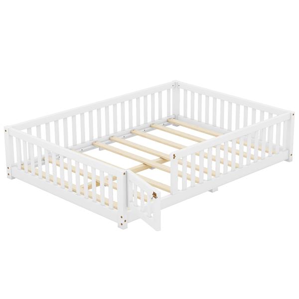 Full Size Bed Floor Bed with Safety Guardrails and Door for Kids, White