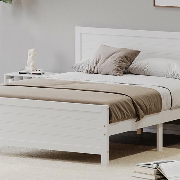 Wood Platform Bed Frame with Headboard, Mattress Foundation with Wood Slat Support, No Box Spring Needed, Queen Size, White