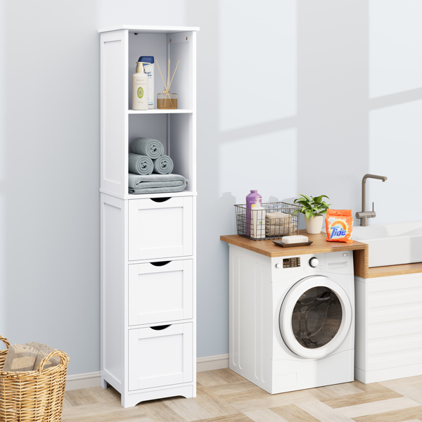 Bathroom Tall Storage Cabinet, Slim Free Standing Cabinet with 3 Drawers and 2 Shelves,Floor Cabinet for Small Space, 11.8" D x 12.6" W x 57.5" H, White 