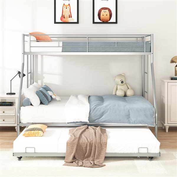 Twin Over Twin Metal Bunk Bed with Trundle Heavy Duty Twin Size Metal Bunk Beds Frame with 2 Side Ladders Convertible Bunkbed with Safety Guard Rails,No Box Spring Needed (Black/Silver)