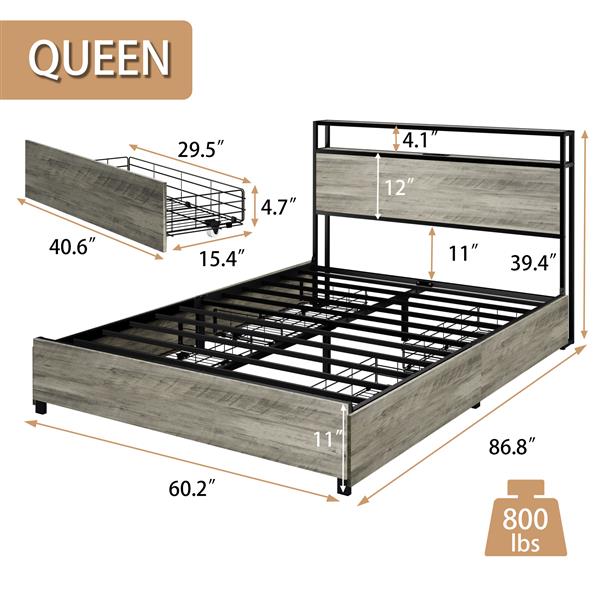 Queen Size Bed Frame with 4 Storage Drawers and 2 USB Ports, Upholstered Platform Bed Frame with Storage Headboard Charging Station and metal Slat Support, No Box Spring Needed, Dark Grey.