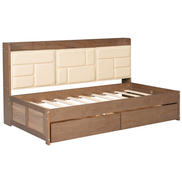 Twin Size Wood Daybed with Upholstered Storage Shelves, USB Ports and 2 Drawers, Wood Color