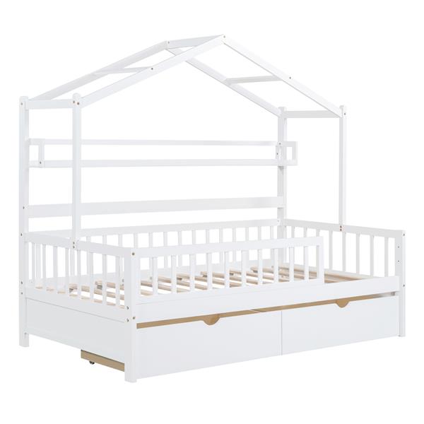 Wooden Full Size House Bed with 2 Drawers,Kids Bed with Storage Shelf, White