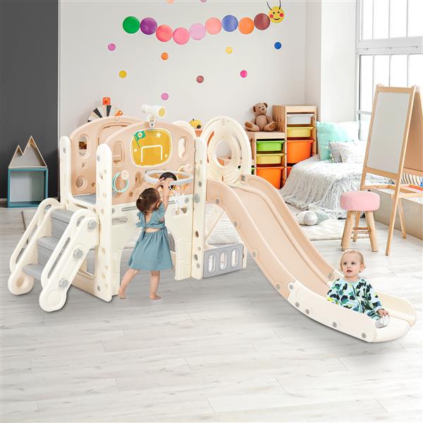 Kids Slide Playset Structure,  Castle Climbing Crawling Playhouse with Slide, Arch Tunnel, Ring Toss, and Basketball Hoop, Toy Storage Organizer for Toddlers, Kids Climbers Playground